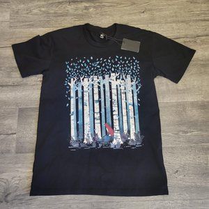 New Men’s Red Bubble T-Shirt Birches Red Fox Artist Little Clyde NWT Large Black